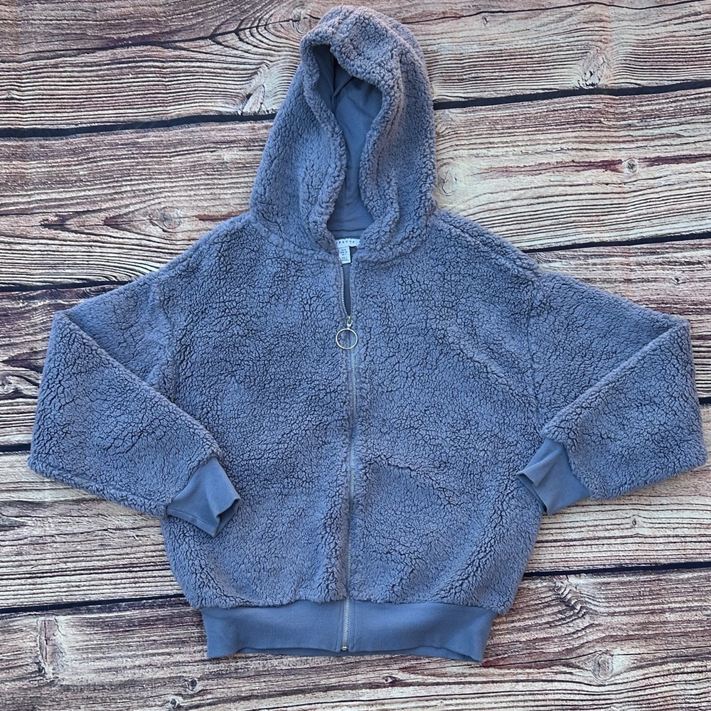Cozy Steal gray/blue zip up faux Sherpa Hoodie